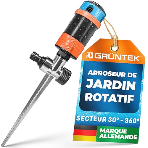 GRÜNTEK Arroseur de Jardin à Sécteur. Asperseur Arrosage Rotatif 360° Asperseur Automatique sur Pied Turbine Arrosage à Secteur Jardin Gazon Pelouse