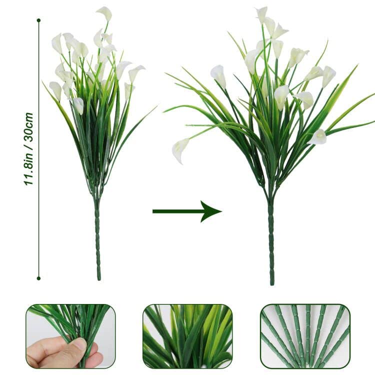 8 Bundles Artificial Flowers Outdoors UV Resistant Faux Flowers Plastic Calla Lily Flowers Plants for Outside Hanging Planters Window Porch Home Garden Decoration (White) image 8