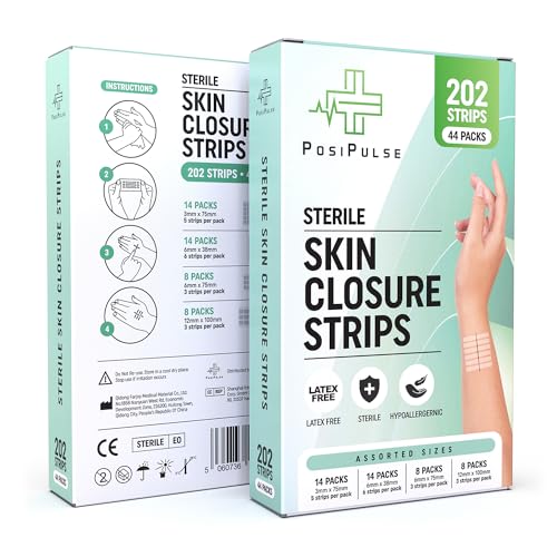 Posi Pulse Sterile Skin Wound Closure Strips. 202 Strips in 44 Packs - Improved Healing Reinforced Design Latex-Free Adhesive Backed for Lacerations Incisions Sutures 3x75 6x38 6x75 12x100mm