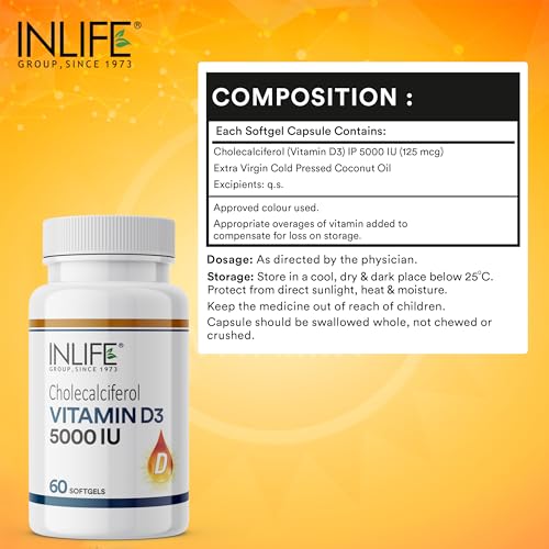 Image of INLIFE Vitamin D3 5000 IU Cholecalciferol with Coconut Oil Supplement for Better Absorption, For Men & Women, Immunity, Bone Health, Muscles - 60 Softgels