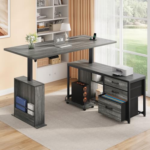 Image of 63'' L Shaped Desk with 3 Drawers Electric Standing Desks Grey
