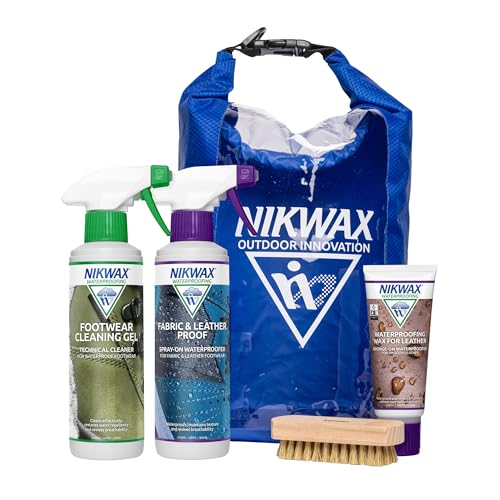 Nikwax Hiking Care Kit - Trainer and Leather Boot Waterproofing - Shoe Cleaner Kit Includes Footwear Cleaning Gel, Fabric & Leather Proof, Waterproofing Wax, Brush and Dry Bag