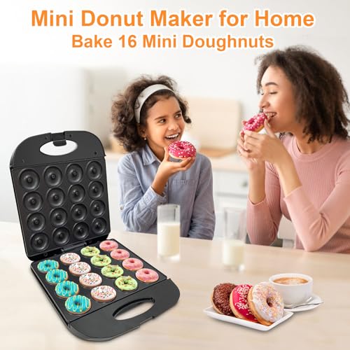 Image of 2026 Mini Donut Maker Machine for Home, Kid-Friendly 16-Hole Electric Doughnut and Pancake Maker with Non-Stick Surface, Ideal for Homemade Doughnuts (Black with Mini Oven Gloves & Brush)