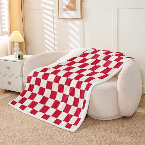 Image of Erosebridal Plaid Throw Blanket Twin 60 inchX80 inch Beige Red Checkerboard Sherpa Blanket Geometric Checkered Fleece Bed Blanket for Kids Boys Girls, Aesthetic Grid Flannel Blanket