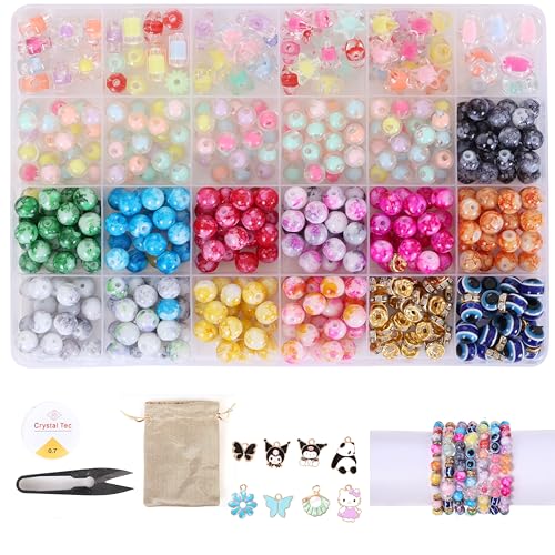 Image of Ambitieux DIY Bracelet Making Kit 575+ Beads Jewelry Set With Glass,Double,Charms Pendants Accessories,Evil Eye,Elastic Thread,Cutter & Jute Bag Craft Kit For Girls,Kids & Adults (Marble),Multicolor