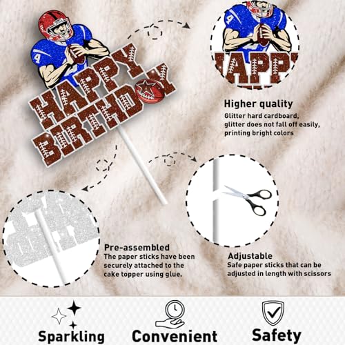 Football Cake Topper for Boys Men Happy Birthday Sport Rugby Athletes Helmets Cake Decoration Brown Glitter American Football Themed Party Decorations Supplies Favor