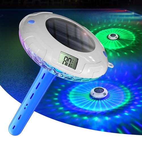 Lampe de piscine solaire avec double écran LCD, thermomètre de piscine flottant facile à lire, 8 effets lumineux dynamiques, thermomètre numérique...