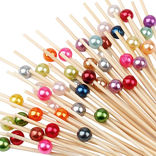 Cocktail Picks - 100 Count Fancy Toothpicks for Appetizers, Long Decorative Bamboo Skewers, 4.7' Wooden Sticks Martini Garnish for Holiday Party, Charcuterie Board Accessories