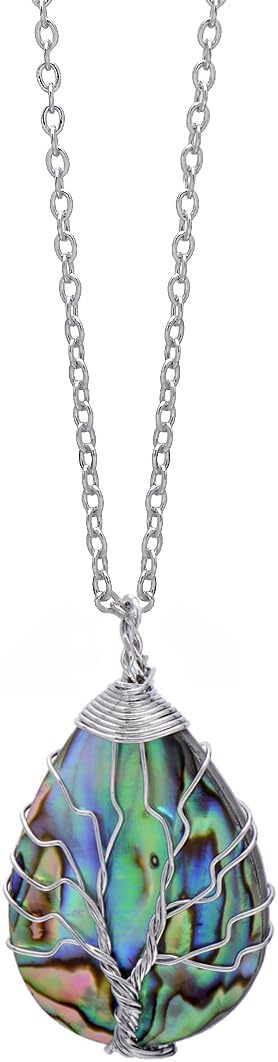 Natural Abalone Shell Wrapped Wire Tree of Life Pendant Necklace for Women