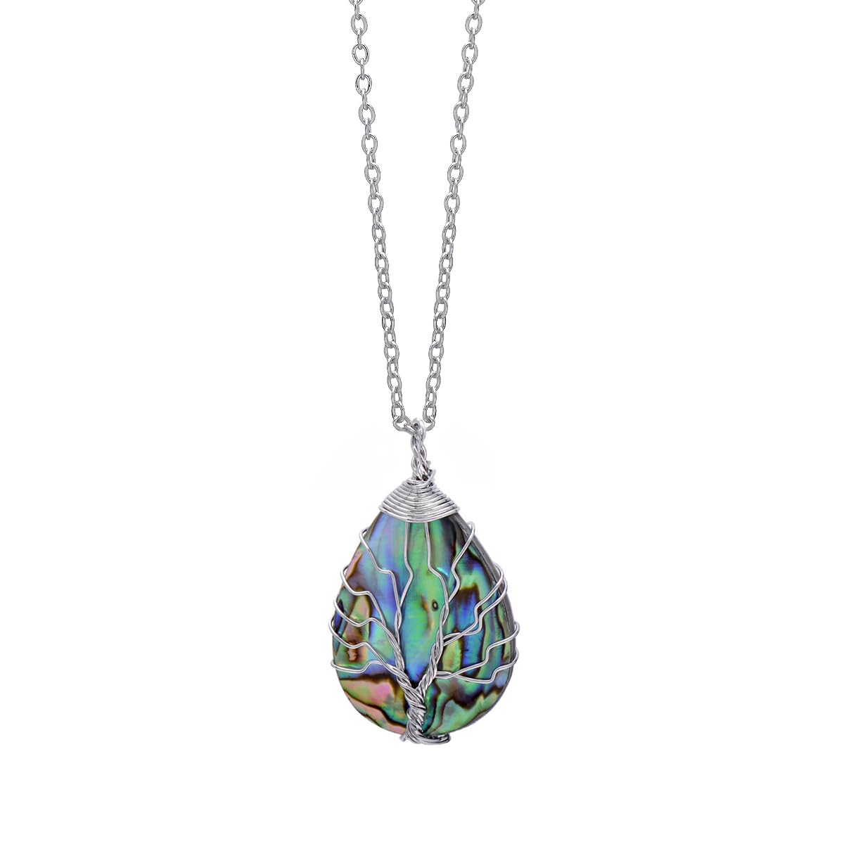 Natural Abalone Shell Wrapped Wire Tree of Life Pendant Necklace for Women