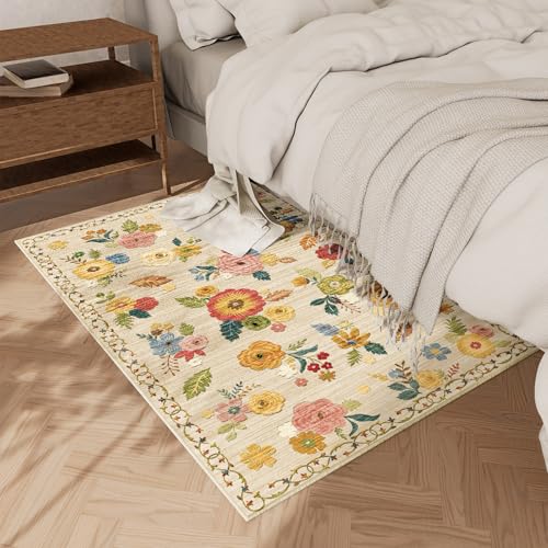 Washable Small Entryway Area Rugs: 2'x3' Floral Rug Non Slip Door Mat Indoor Entrance Stain Resistance Low Pile Throw Rugs for Inside Front Door Floor Bedroom Bedside Kitchen Nursery Dorm Home Entry
