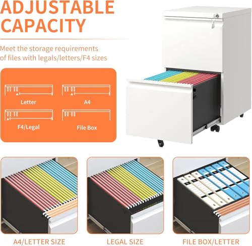 Image of Guizeeopo 2 Drawer Locking File Cabinet, Fully Assembled Heavy-Duty Metal Filing Cabinets for Home Office, Quiet Slides, Anti-Tipping Wheels, Fits A4 /Letter /Legal, Matte White