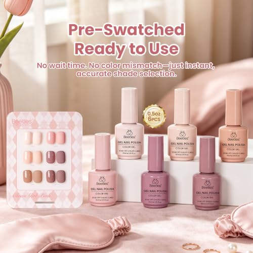 Image of Beetles Pink Gel Polish Set - Clean Girl Pink, 6 Colors Nude Gel Polish Kit with Swatch Card, Bow Nail Art Soak Off Uv Gel Manicure Nail Art Design DIY Home Salon