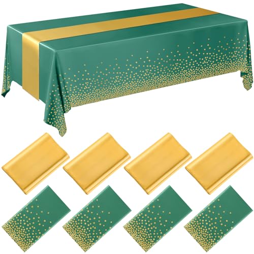 Image of Breling 8 Pack Green and Gold Disposable Plastic Tablecloths and Satin Table Runner Set, 54 x 108 Inch Tablecloth, 12 x 108 Inch Table Runners for Wedding Graduation Birthday Baby Shower New Year