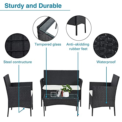 Mdeam 4 Piece Patio Set Wicker Furniture Sets Outdoor Rattan with Soft Cushion and Coffee Table,for Balcony Porch Backyard Garden Poolside Use(Black) - Thumbnail 5