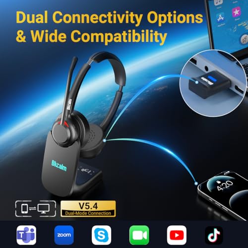 Blucalm Wireless Headset with Mic for Work, Noise Cancelling Wireless Headphones for Work from Home，Office，WFH, Teams, Zoom，Computer. Headset with Charge Stand & 2.4 G USB Dongle. — view 5