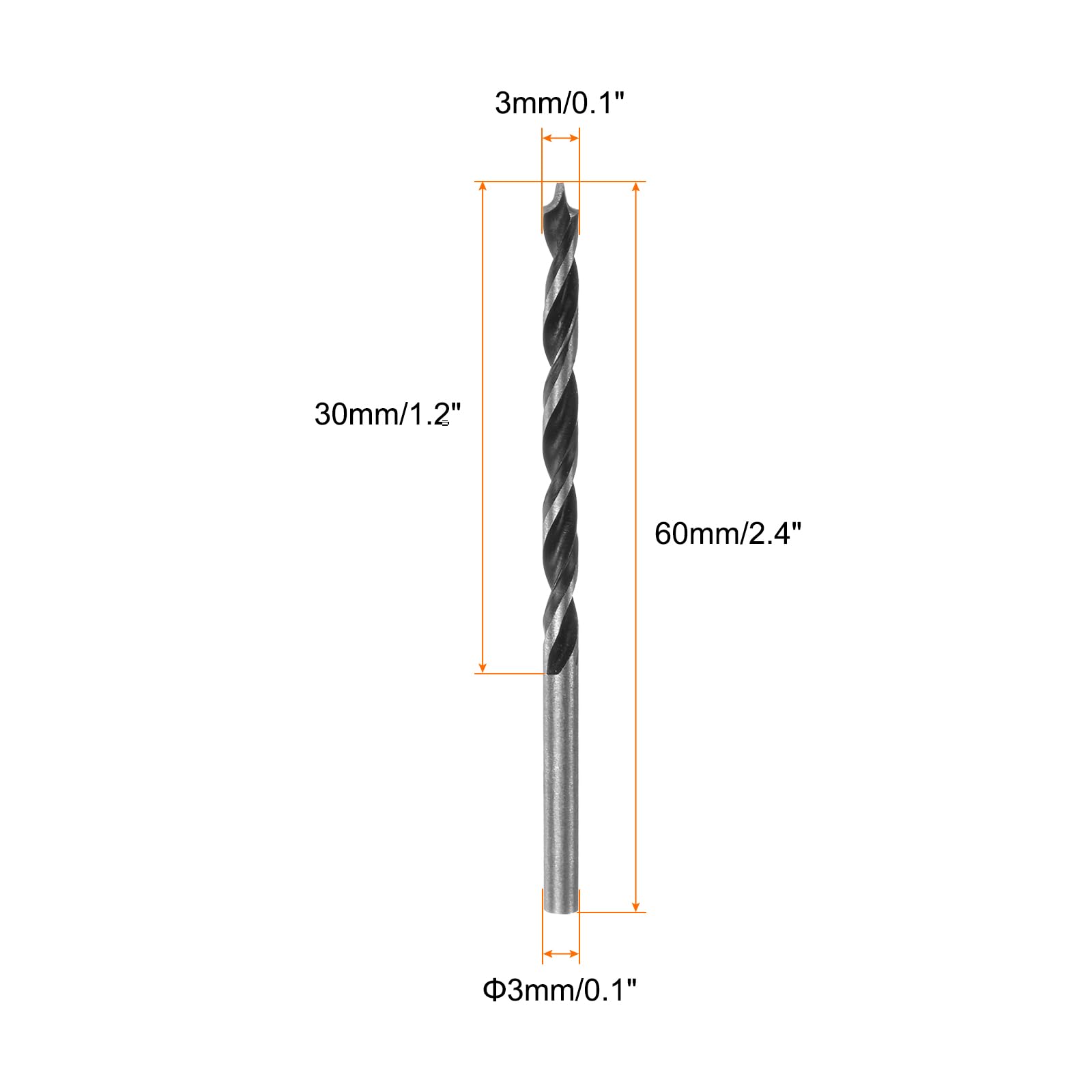 QUARKZMAN 5pz Punte Trapano Brad Point 3mm(8/64") Dia Dritto Acciaio Tondo Shank Trapano Metrico Brad Point 1,2" Profondità Foratura Trapano a Spirale per Legno Carpenteria Plastica Gomma