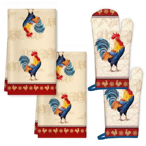 Arquiel Gallo Vintage Paños De Cocina Guante De Horno 4PCS, Suaves Absorbentes Toallas De Té Resistente Al Calo Guante De Cocina para Decoración Comedor Banquete Bodas Familiar