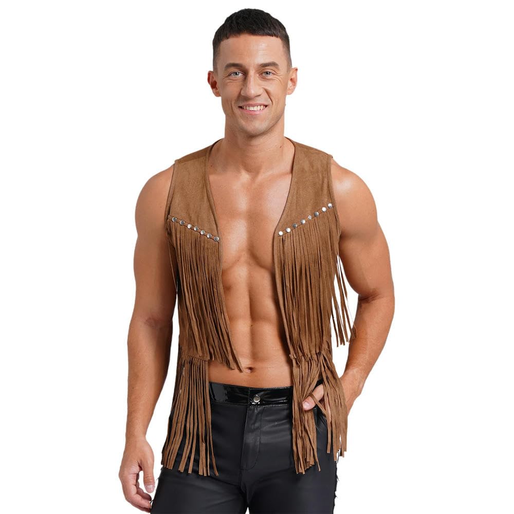 ZBDP Herrenweste Cowboy, Vintage-Stil, Kunstwildleder, Quasten, offene Vorderseite, Nieten, Fransen, Weste, Jacke, Festival, Rave, Party, Clubwear