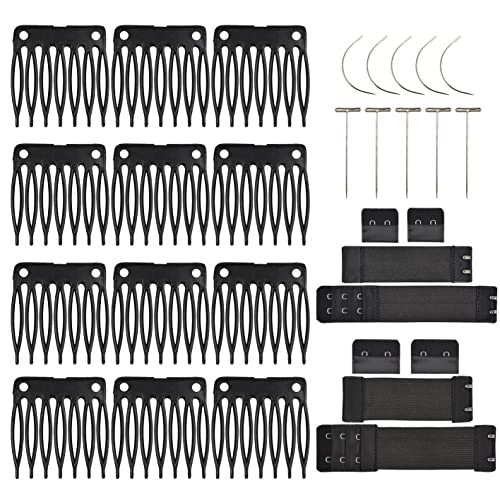 50 Pcs Wig Combs to Secure Wigs No Sew 7-teeth Plastic Hair Clip Combs with 2 Pcs Black Elastic Band 5 Pcs T Pins and 5 Pcs C Curve Sewing Needles