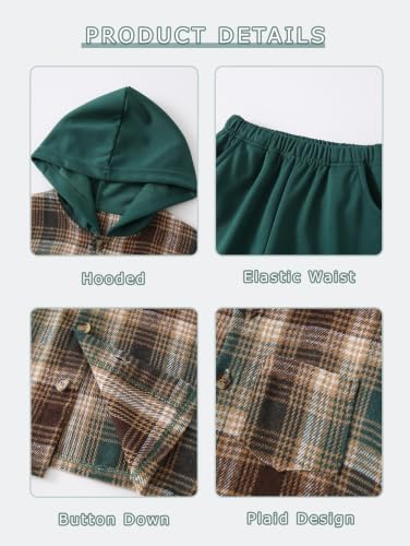 Image of 2Pcs Kids Boys Flannel Plaid Shirt Tops Pants Set Hoodie Sweatsuit for Fall Winter Spring Outfits 4-12 Years
