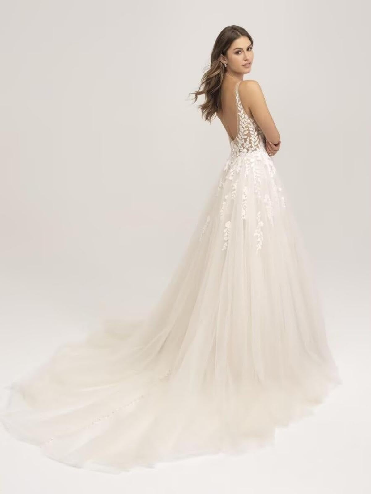HUINI Spitzen Tüll Brautkleid Langer V-Ausschnitt A-Linie ärmellos Strand Hochzeitskleid für die Braut mit Schleppe