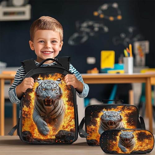 White Tiger Backpack 3PCS 16" Preschool Elementary Schoolbag with Lunch Box Pencil Case Bookbag Set for Girls Boys Kids Children Teens School Students4