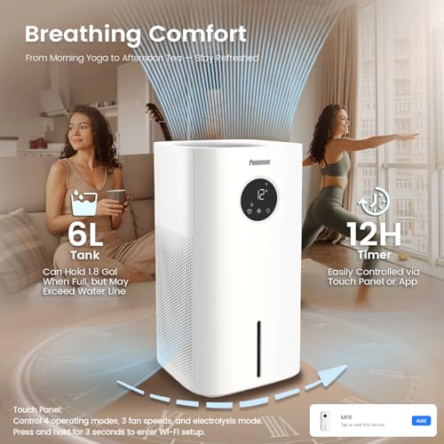 Powerscale MF6 Evaporative Humidifiers for Bedroom, 1.8 Gal Top-Fill, Up to 700mL/h Mist-Free Output, WiFi Smart Touchscreen Control, Auto Filter Dry, Electrolysis Self-Clean, Quiet Sleep Mode - image 6