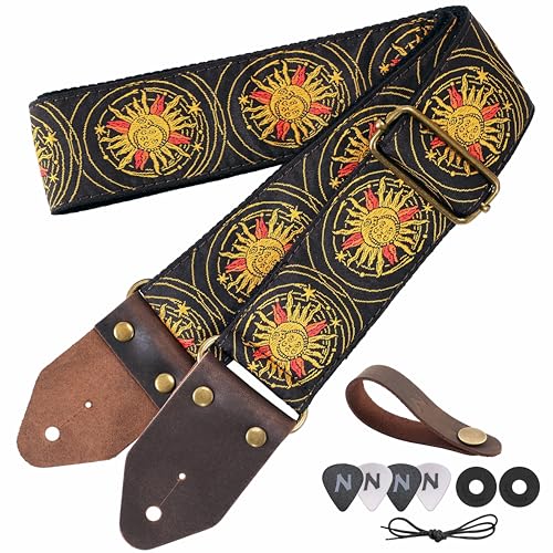 Nefelibata Guitar Strap,Jacquard Embroidery Cotton Guitar Straps with Crazy Horse Leather Ends for Bass, Electric & Acoustic, Best Gifts for Kids, Guitarists(Yellow Sun Embroidery)