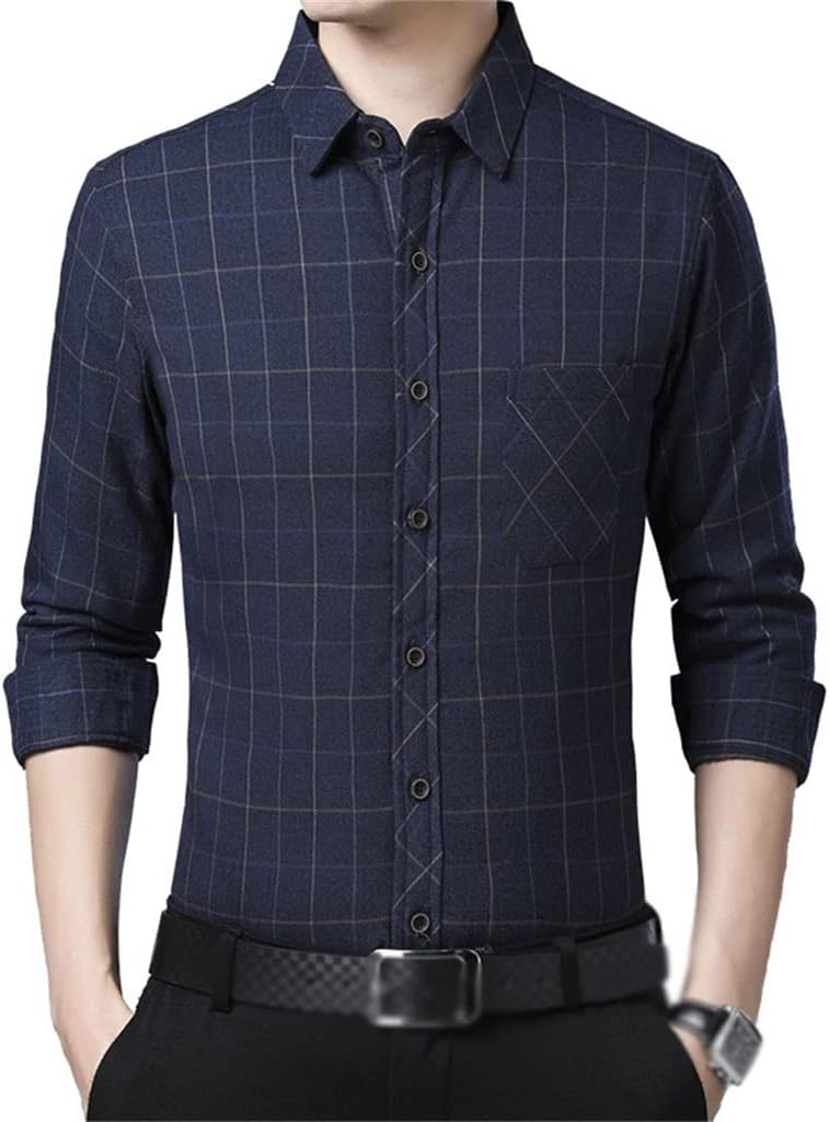 JSEIAJB Men's Long-Sleeved Down Shirt Winter Warm Plaid Thickened Middle-Aged Dad Cold Jacket