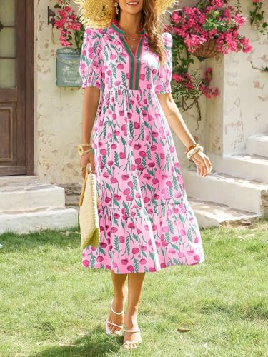 Image of Wenrine Womens Summer Midi Dress Casual Floral Puff Short Sleeve V Neck Swing Flowy Boho Beach Dresses with Pockets