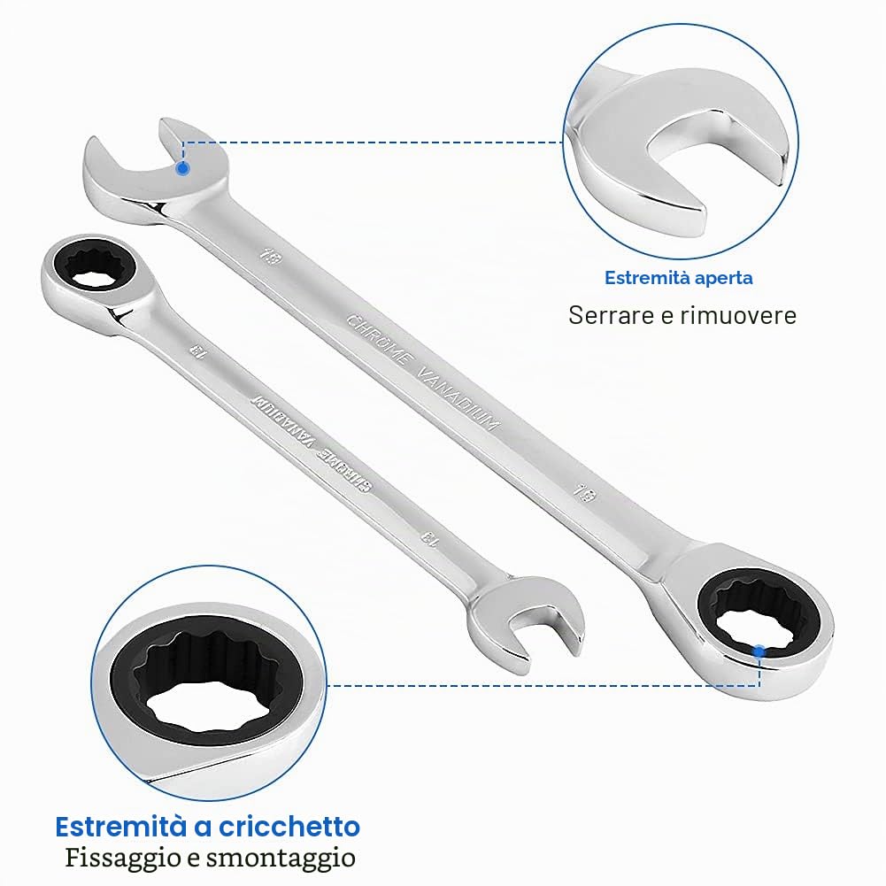 Set di Chiavi a Cricchetto Professionale, 12 Pezzi, Argento/Nero