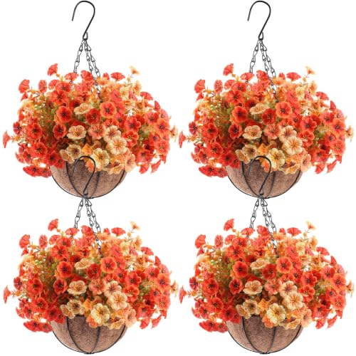 Image of Artificial Fall Flowers Hanging Basket, Fake Mums Planters Outdoor | 4 Set Hanging Flower Basket, Faux Silk Mums, UV Resistant Mums Basket, Look Real, Front Porch Garden Patio Autumn Decor