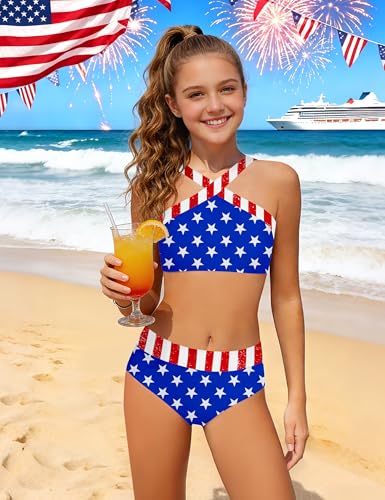 Image of Girls Swimsuits 2 Piece Bikinis Set Colorblock Bathing Suits Criss Cross Strap Girls' Swimwear