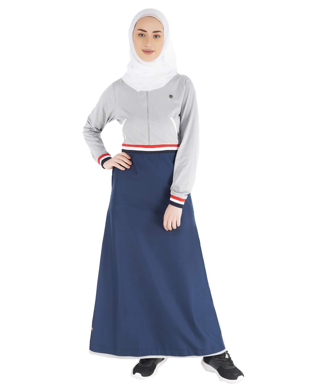 Blue and Grey Baseball Collar Polyester Abaya Maxi Dress Jilbab