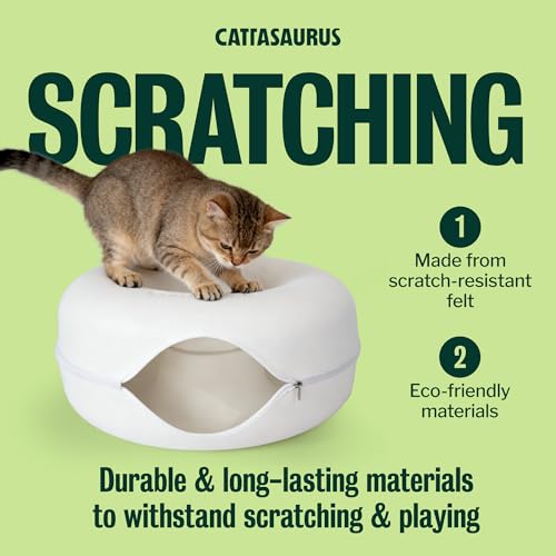 Image of Cattasaurus Peekaboo Cat Cave Donut for Multiple & Large Cats up to 30-45 lbs, 3-in-1 Self Warming Cat Bed, Tunnel & Scratcher for Indoor Cats, Washable & Detachable Small Dog Bed (White, Large)