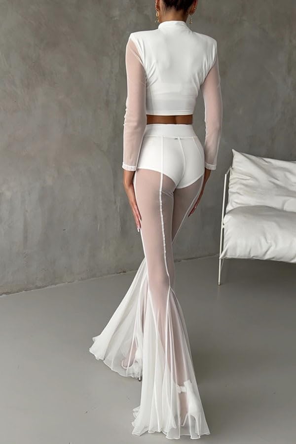Mandonce Womens Pants Bell Bottom Pants Sheer Mesh See Through Line Trim Beach Vacation Flared Elegant Sexy - Image 4