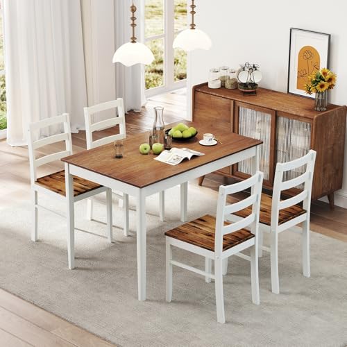 NAFORT Dining Table Set for 4, Solid Wood Kitchen Table and Chairs, Farmhouse Dinette Set w/Apron, Rubber Wood Legs, Mid-Century Modern Dining Room Table and 4 Chairs for Kitchen, Restaurant