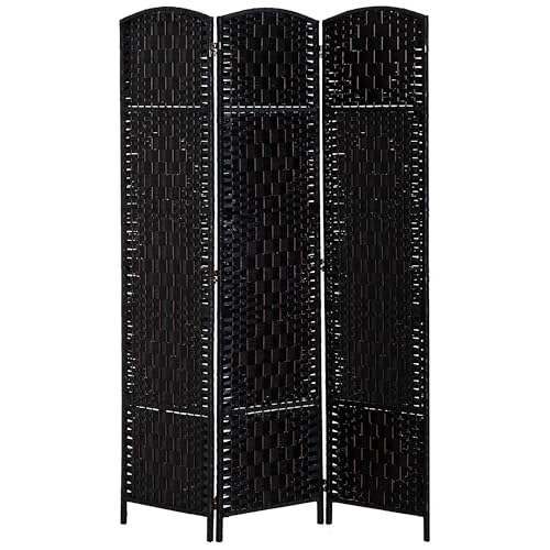 HOMCOM Room Divider, 3 Panel Folding Privacy Screen, 6FT Tall Portable Wicker Weave Partition Wall Divider for Bedroom, Home Office, Black
