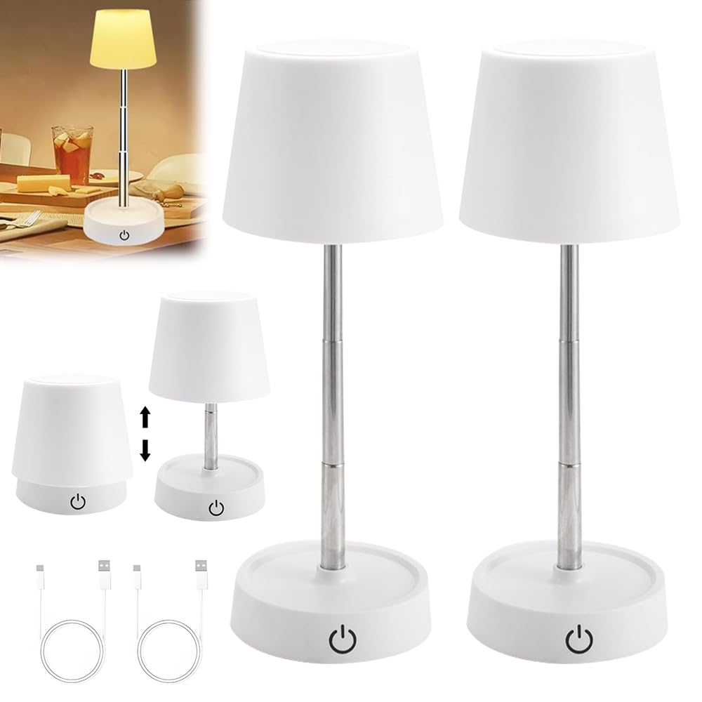 Dhqkqg 2Pcs Lampara de Mesa Sin Cable, Lampara de Mesa LED Altura Ajustable, Lámpara de Mesa Inalámbrica Regulable Táctil, Lampara LED Recargable USB, para Dormitorios, Restaurante, Bares (A)