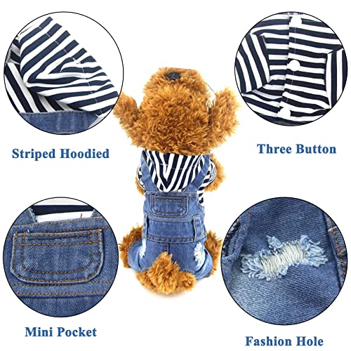 DOGGYZSTYLE Pet Dog Cat Hoodies Clothes Black Striped Denim Outfits Blue Jeans Jumpsuits One-Piece Jacket Costumes Apparel Hooded Coats for Small Puppy Medium Dogs(Blue,XL)
