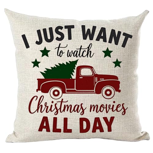 Ramirar I Just Want to Watch Christmas Movies All Day Watercolor Red Pickup Truck Pine Tree Decorative Throw Pillow Cover Case Home Living Room Bed Sofa Car Cotton Linen Square 18 x 18 Inches