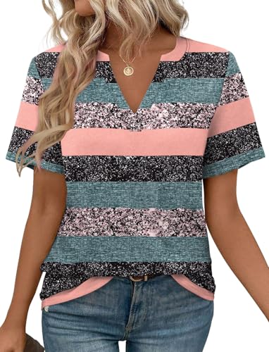 Image of WEESO Womens Tops Summer Short Sleeve V Neck Blouses Business Casual Loose Fit Tshirts Trendy Fashion Outfits