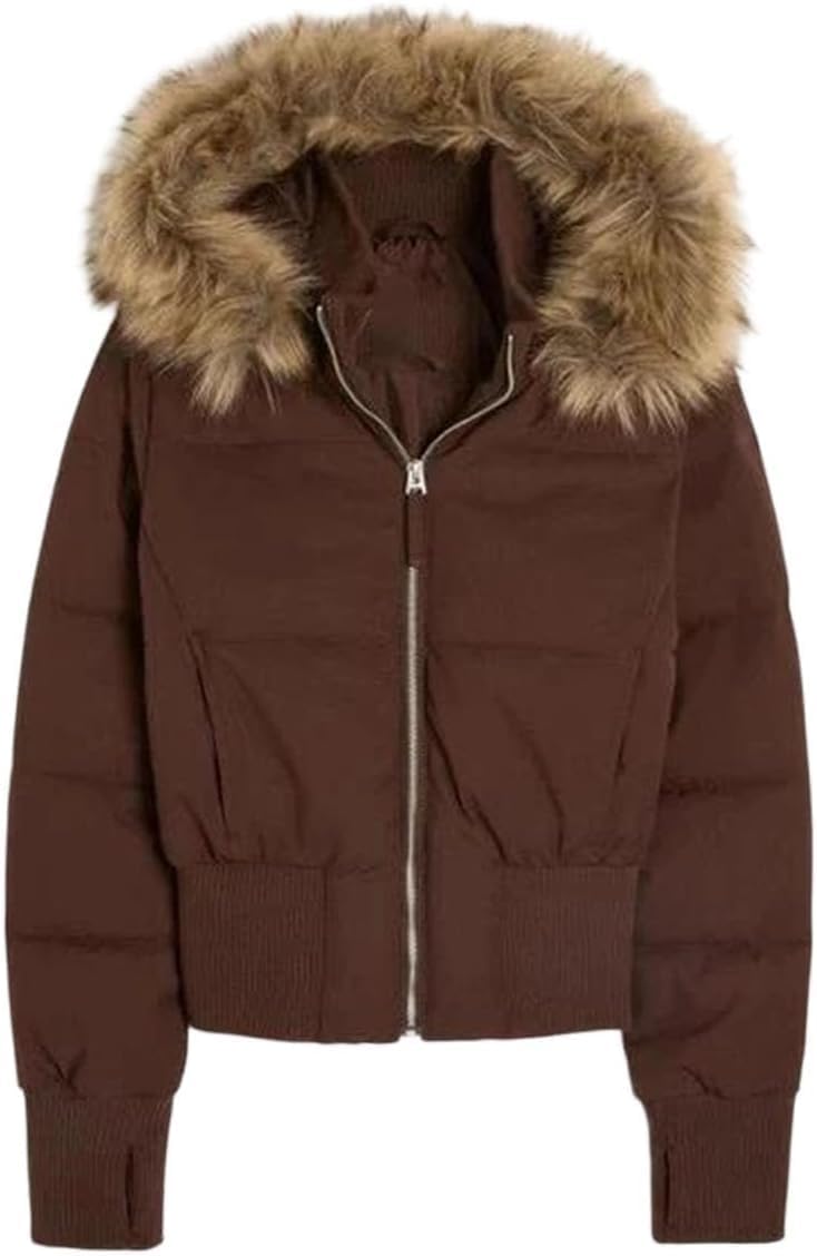 Womens Faux Fur Hooded Jacket,Fashion Winter Warm Quilted Puffer Bomber Padded Trim Coat Zipper Cropped Outwear for Women