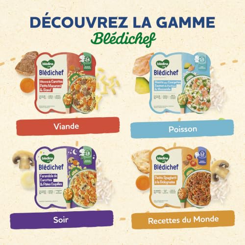 Blédina - Blédichef - Repas Bébé 18 Mois - 9 Plats Carottes Pâtes Coquilles - Petits Morceaux - Faible Teneur en Sel - Dès 18 Mois - 9 Assiettes 250g