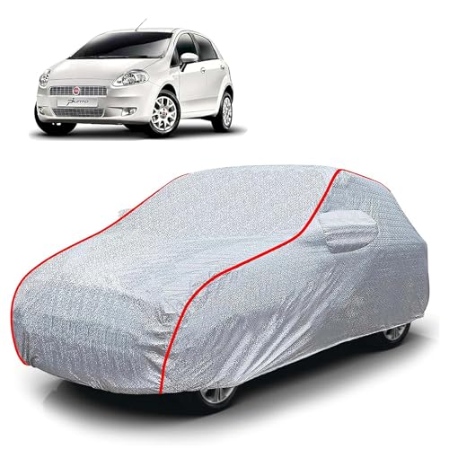 Image of Sulfar 100% Waterproof Car Body Cover Compatible with Mirror for Fiat Grande Punto (Triple Stitched, Full Bottom Elastic, Magic Silver with Red Piping)
