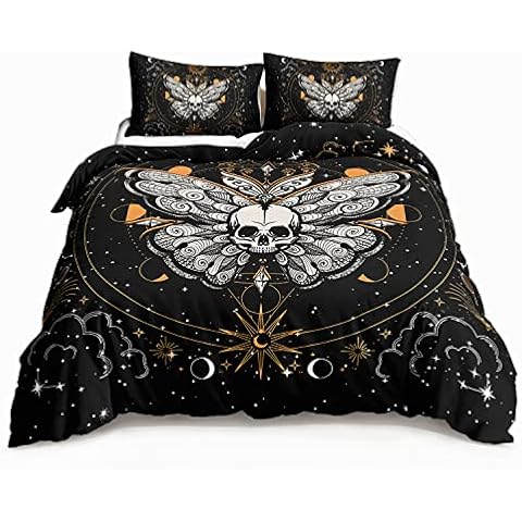 HOSIMA Butterfly Bedding Set for Girls, Gothic Skull Boho Comforter Cover Decor for Bedroom, Sun and Moon Pattern Duvet Cover Queen Size.(No Comforter) Cover
