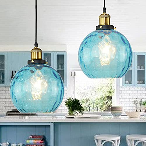 Lampe suspendue vintage bleue avec câble réglable pour illuminer une table