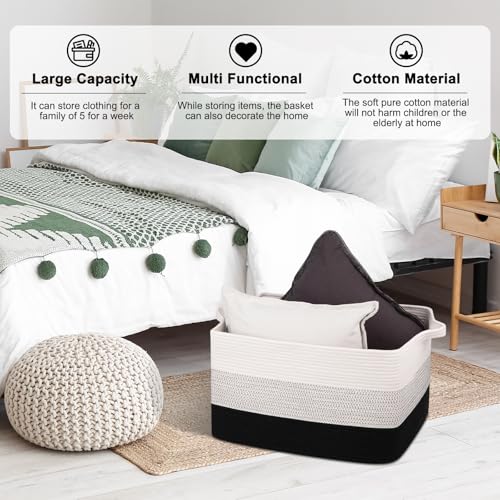 Image of OIAHOMY Large Blanket Basket, 65L Cotton Rope Woven Laundry Basket, Toy Bin for Baby Room, Container for Blanket Storage in Living Room, 20''x16''x12'', Gradient Black