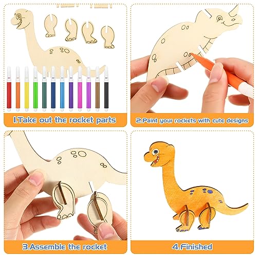 tiopeia 12 Stück Dinosaurier Holz Bastelset für Kinder Drachen Geburtstag,3D Puzzle Holz zum Bemalen und Basteln DIY Dino Holzbastelsets Kreative Kinderspielzeug Bemalen Handwerk für Jungen Mädchen